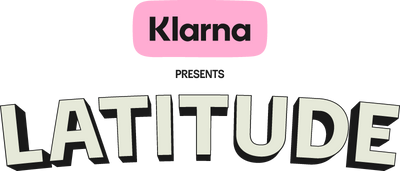 Logo with the word LATITUDE in bold, curved letters. Above, it says Klarna presents, with Klarna in black text inside a rounded pink rectangle.